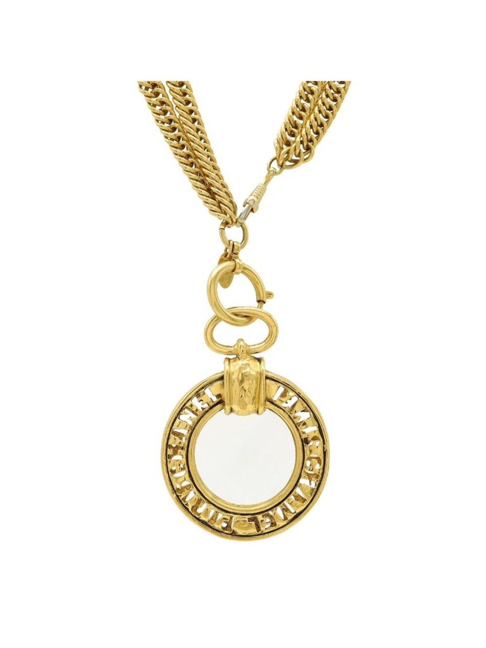 Chanel Loupe Necklace Chain Double Pendant Logo Circle Round Vintage Gold Plated